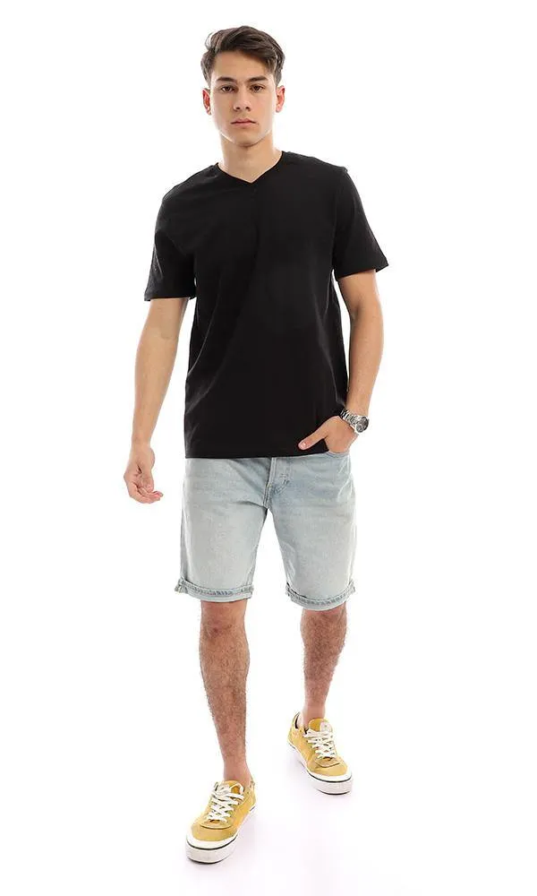 94604 Black Cotton V-Neck Slip On Summer Tee