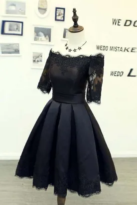 A-line Black Short Sleeves Homecoming Dresses With Lace Applique PD134