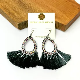 AB Crystal Open Teardrop Earrings with Tassel Trim in Black