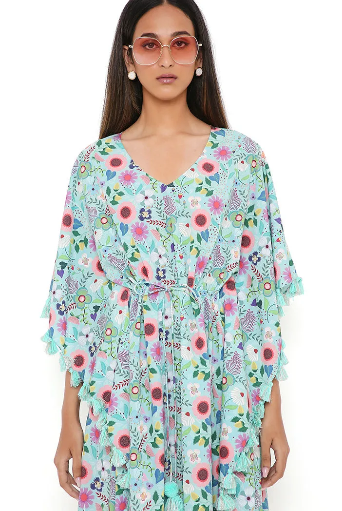 Aqua Spring Floral Garden Print Art Crepe Kaftan