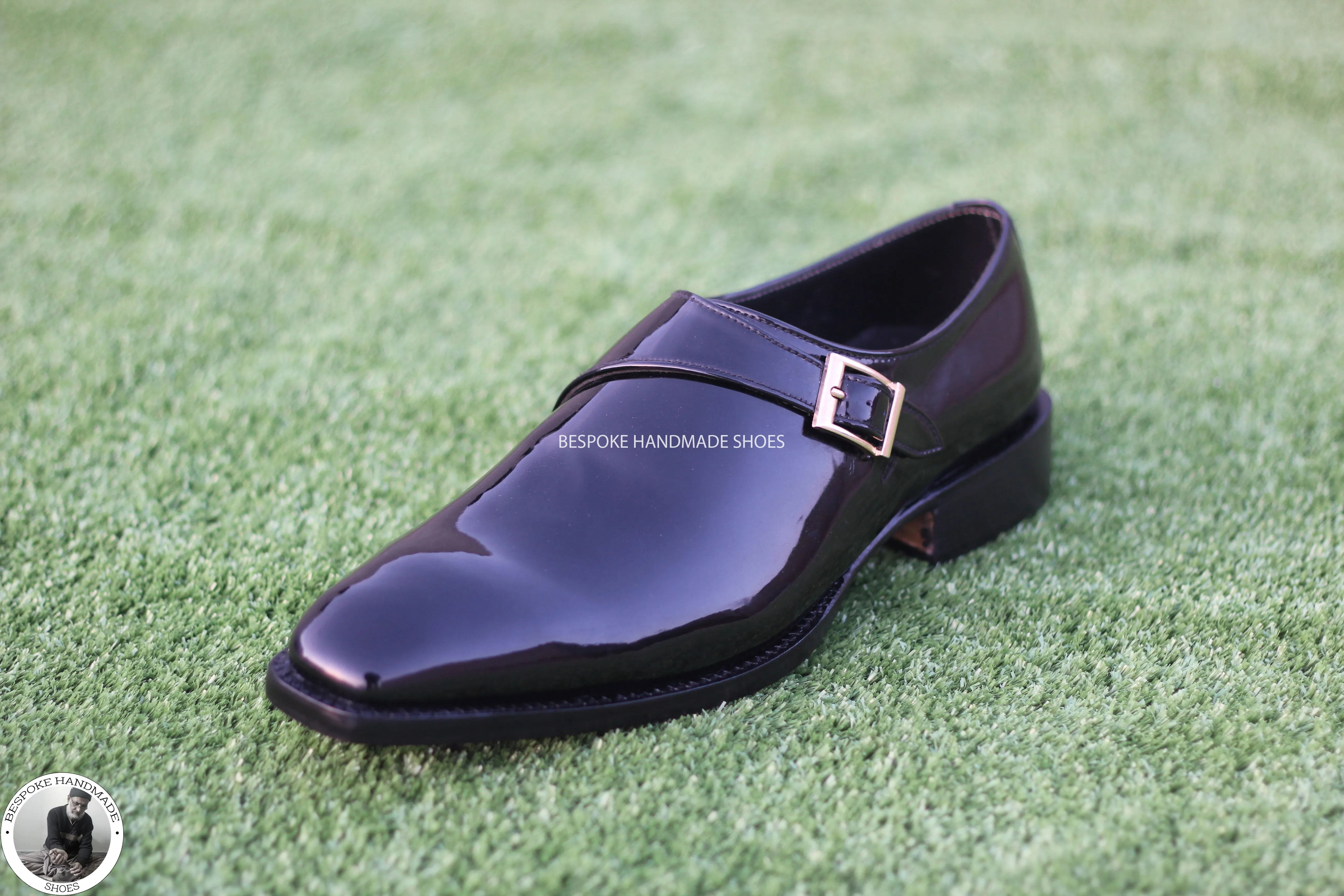 Bespoke Tailor Made Genuine Black Patent Wholecut Single Monk Strap Dress / Fashion Shoes