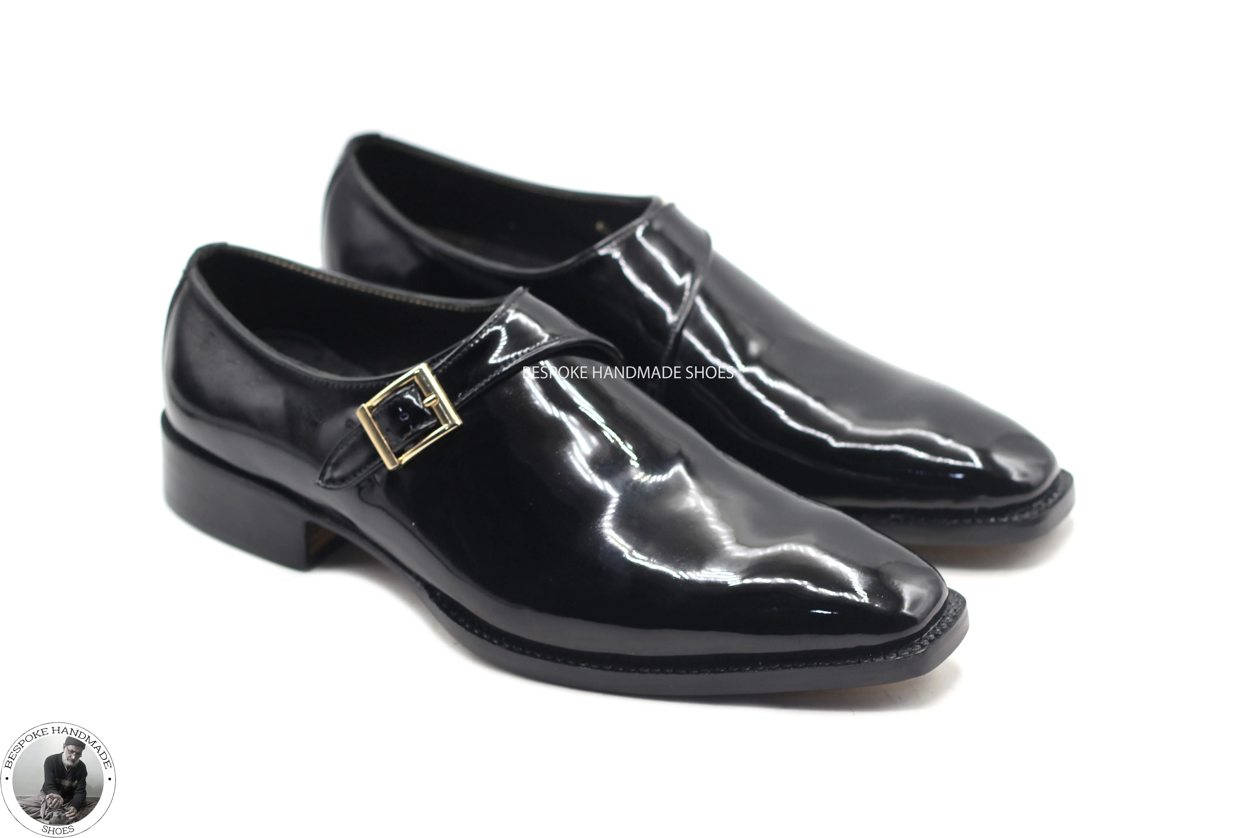 Bespoke Tailor Made Genuine Black Patent Wholecut Single Monk Strap Dress / Fashion Shoes