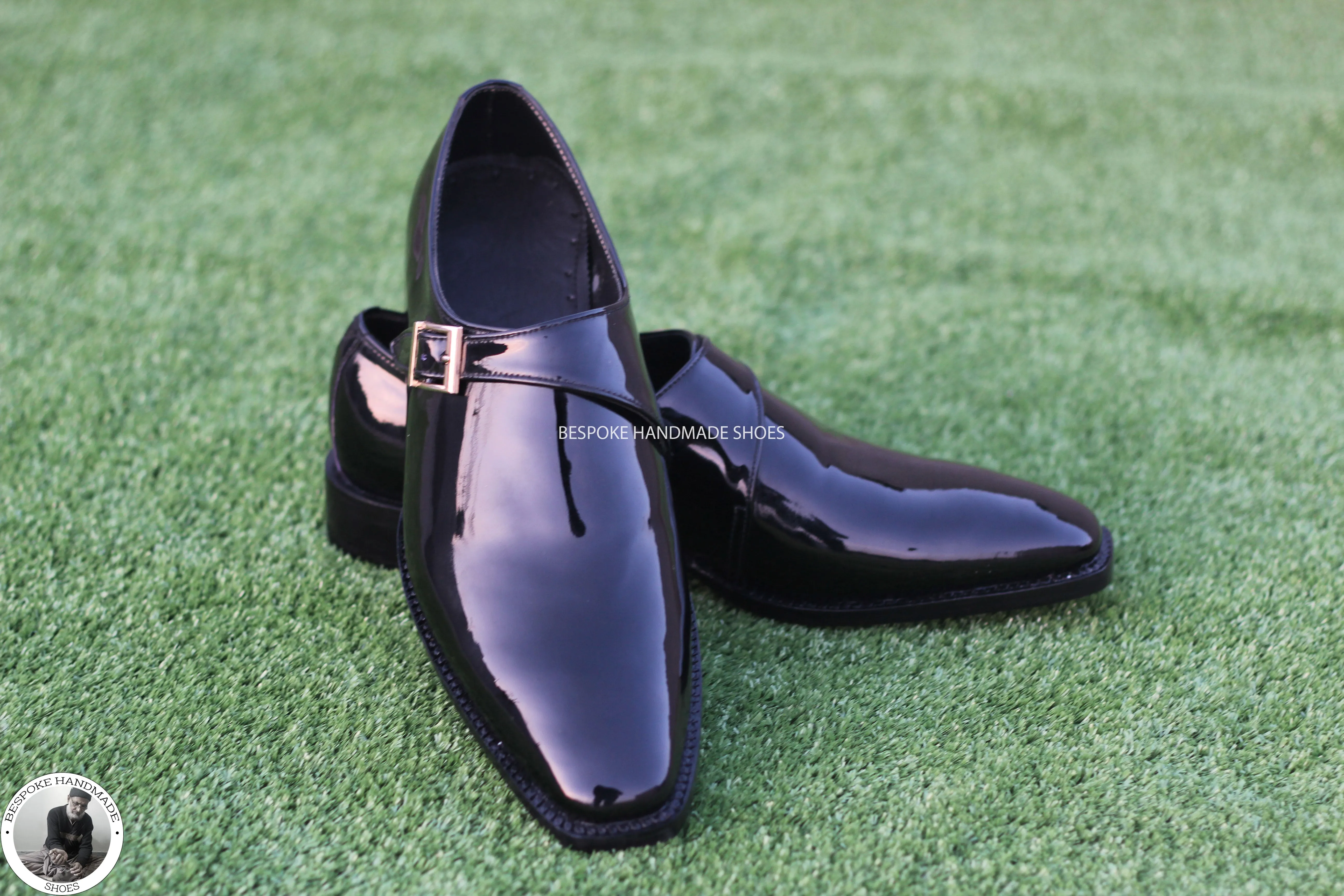 Bespoke Tailor Made Genuine Black Patent Wholecut Single Monk Strap Dress / Fashion Shoes