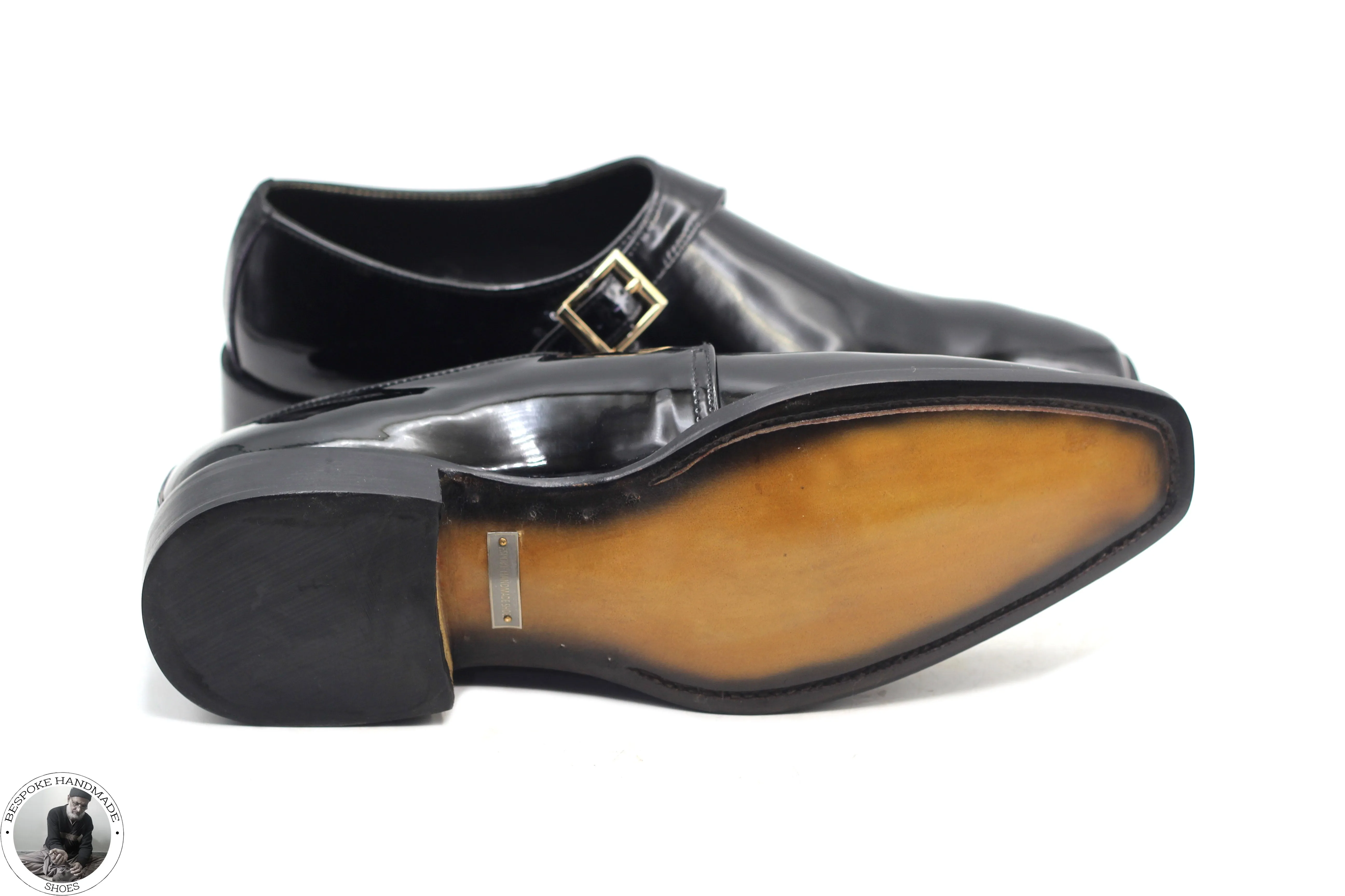 Bespoke Tailor Made Genuine Black Patent Wholecut Single Monk Strap Dress / Fashion Shoes