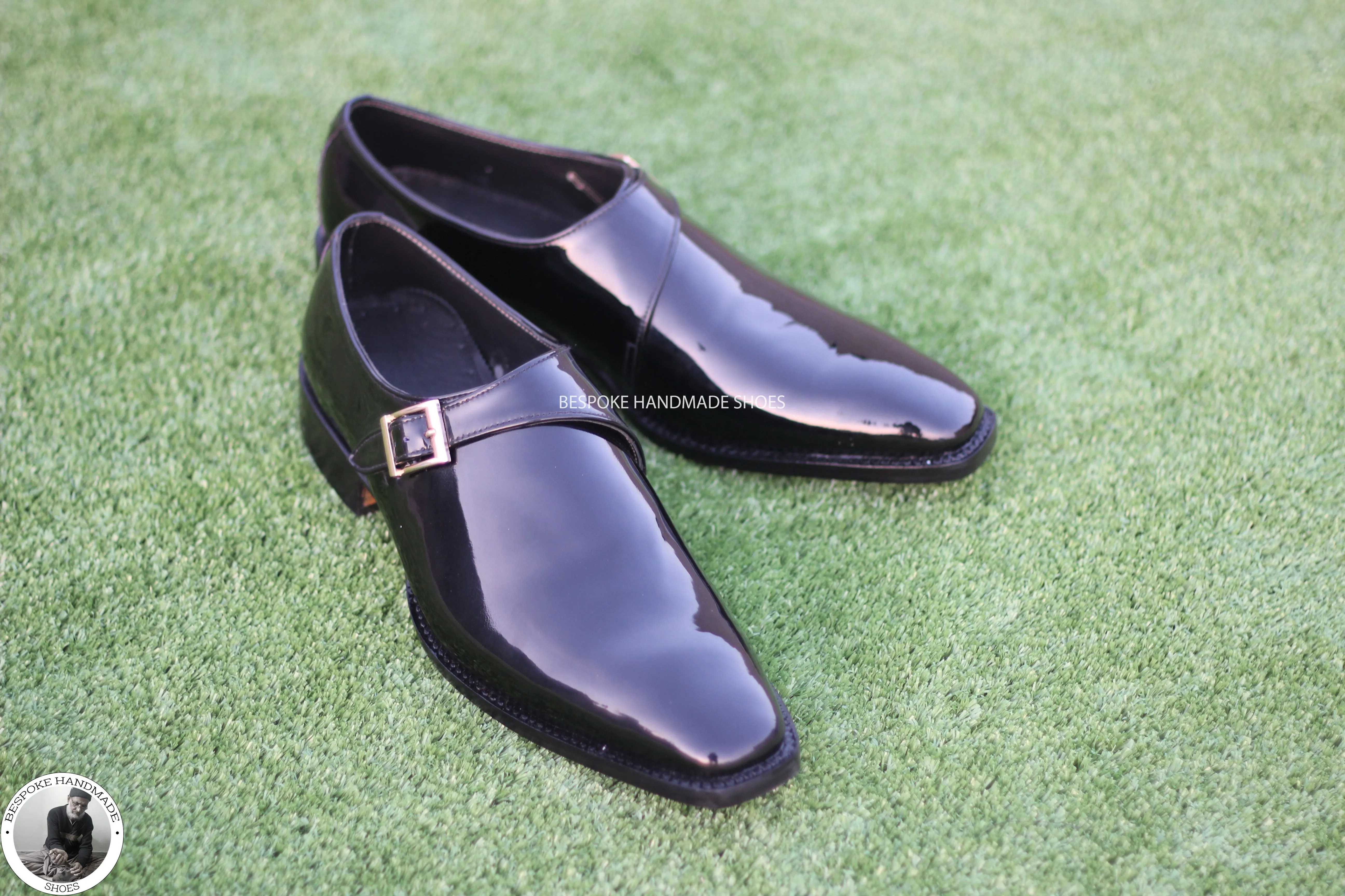 Bespoke Tailor Made Genuine Black Patent Wholecut Single Monk Strap Dress / Fashion Shoes