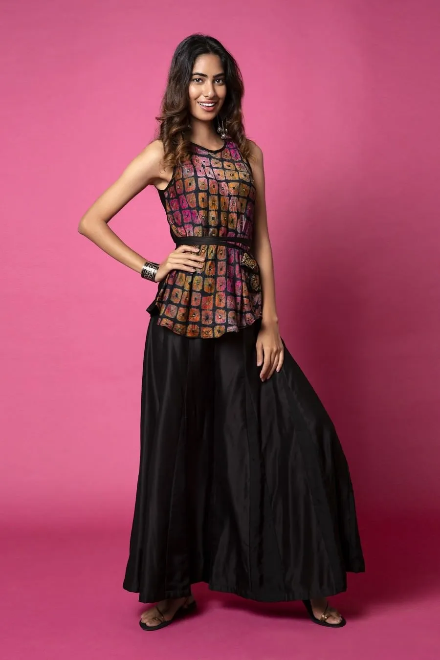 Bias Top And High Low Jacket With Panelled Sharara Pants