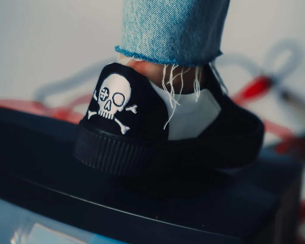 Black & White Twill Skull Slip-On Creeper Sneaker