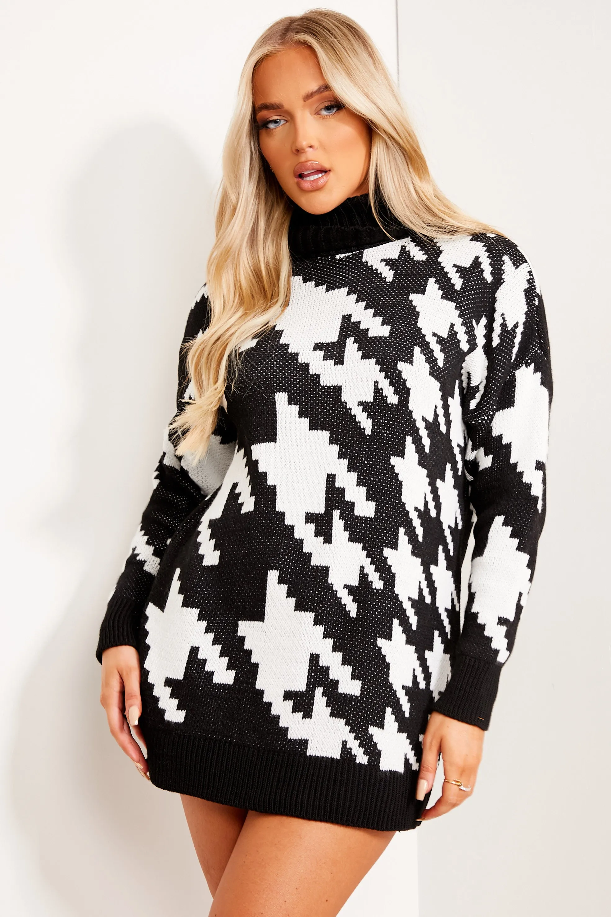 Black and White Houndstooth Roll Neck Jumper Dress