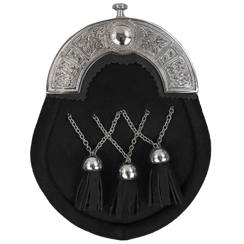 Black Calfskin Cross Tassels Sporran with Chrome Celtic Cantle