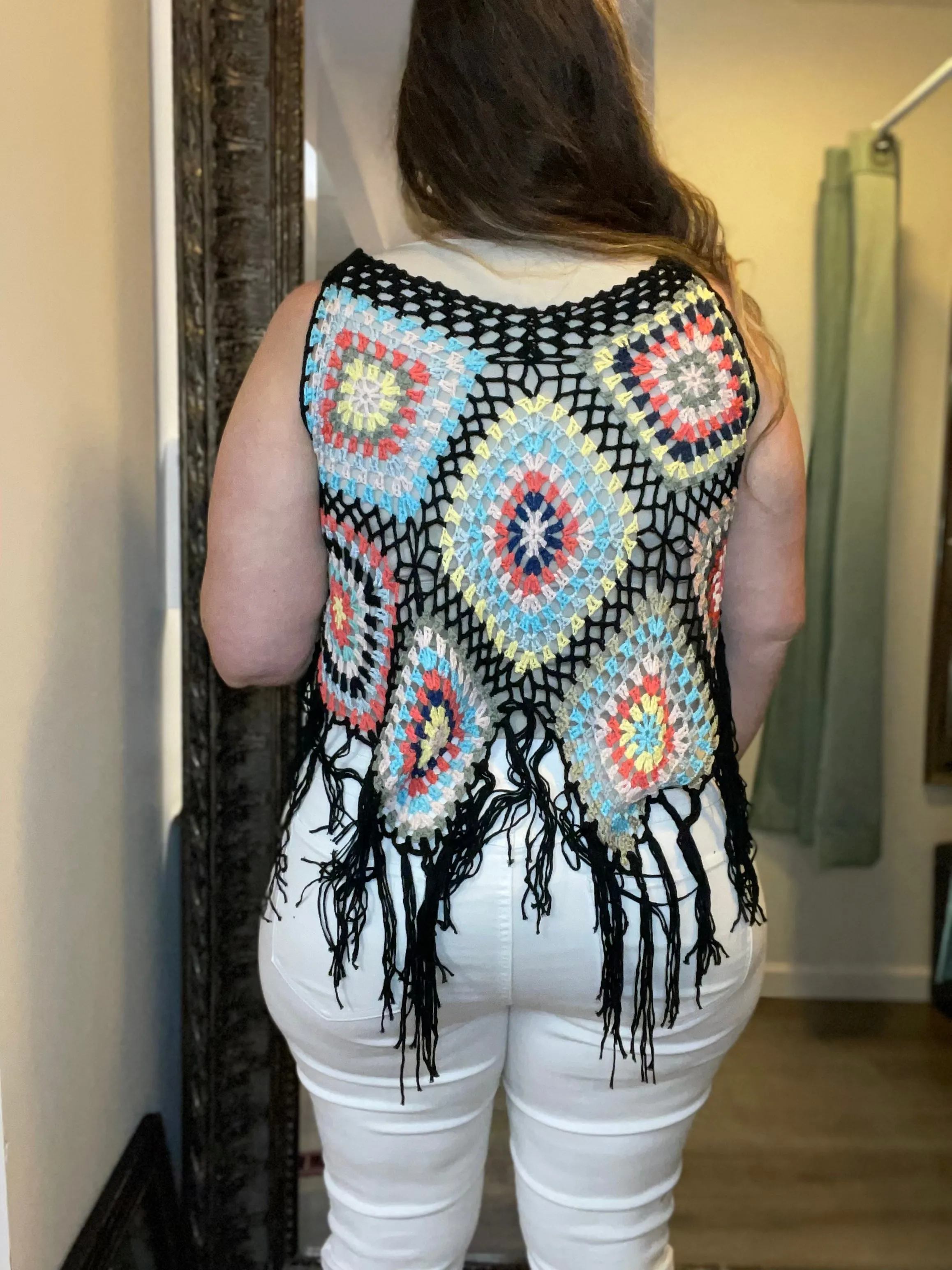 Black Granny Square Poncho Top with Tassels