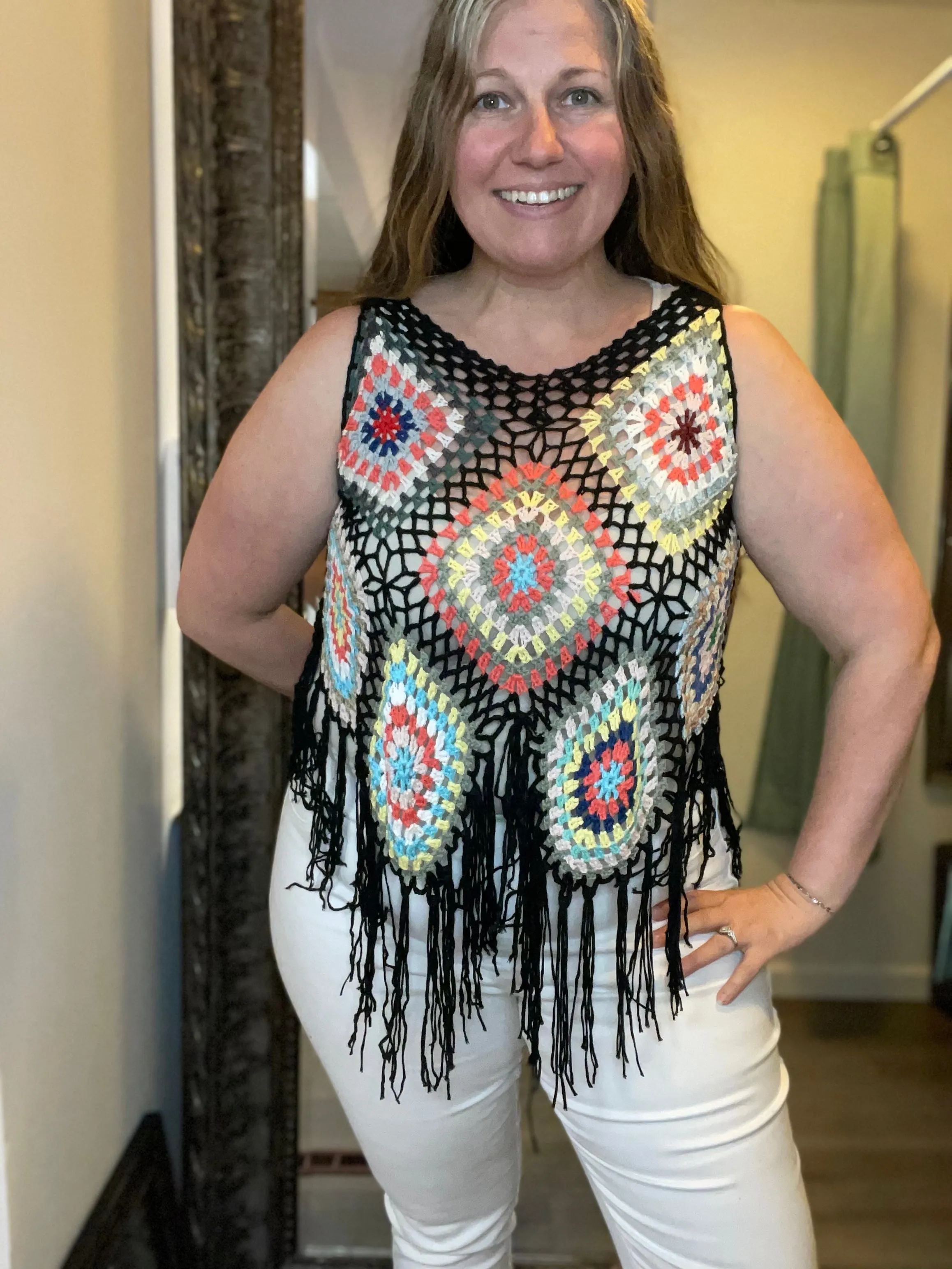 Black Granny Square Poncho Top with Tassels