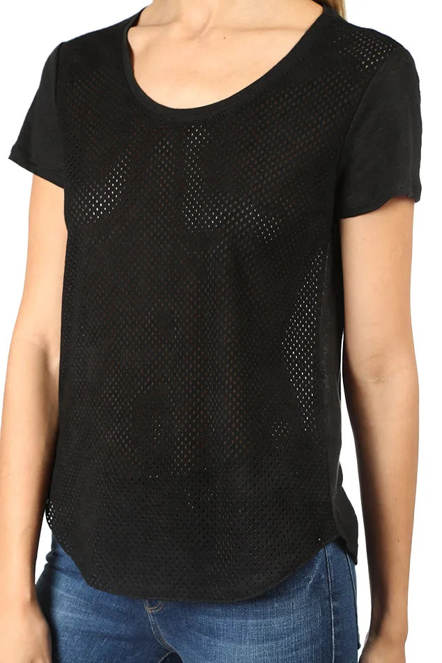 Black Majestic Filatures Leather Scoop Neck Tee