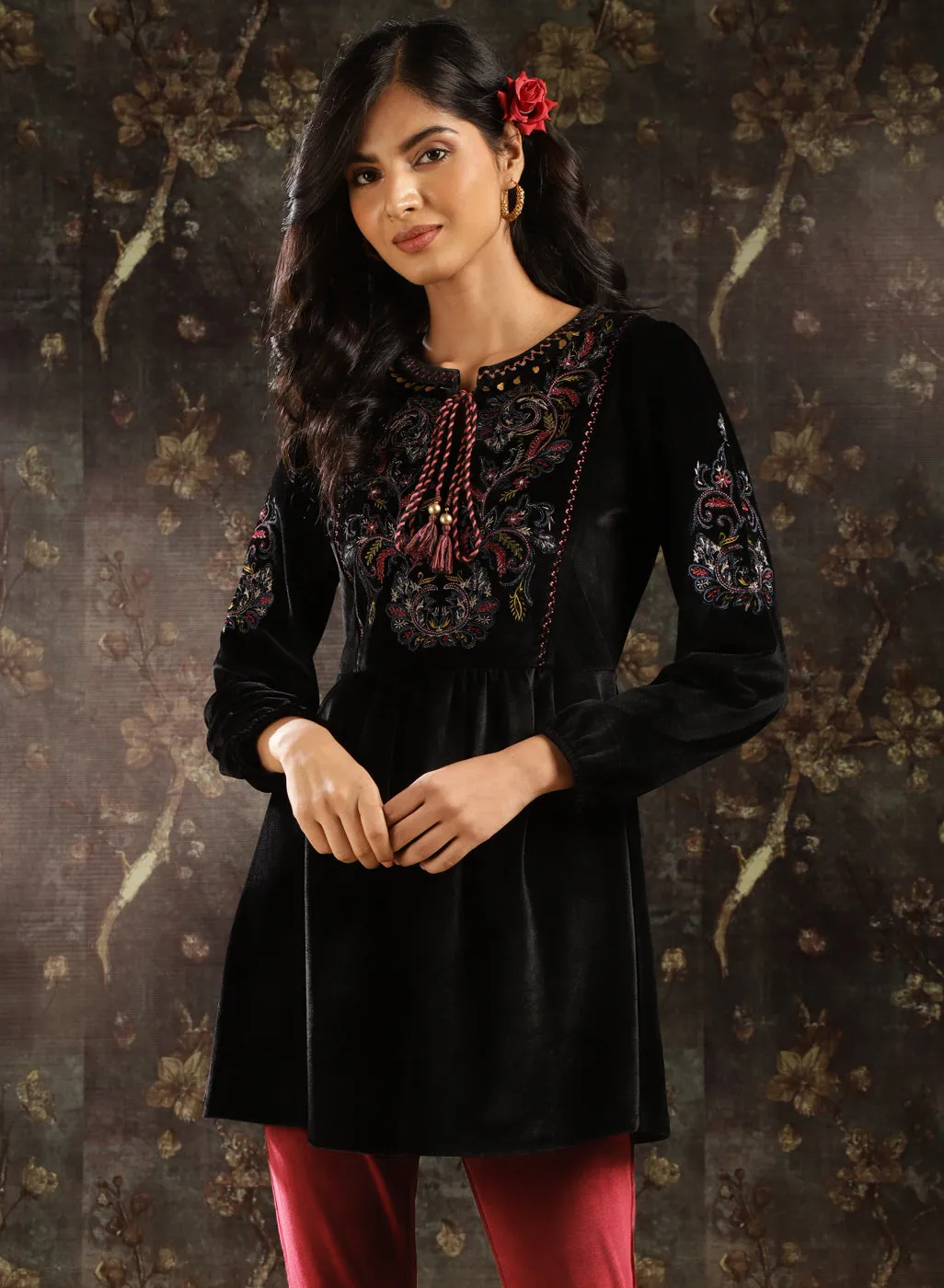 Black Velvet Tunic with Threadwork and Tassels