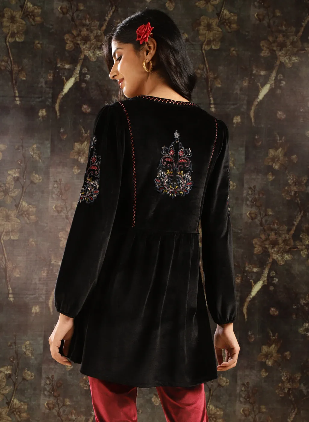 Black Velvet Tunic with Threadwork and Tassels