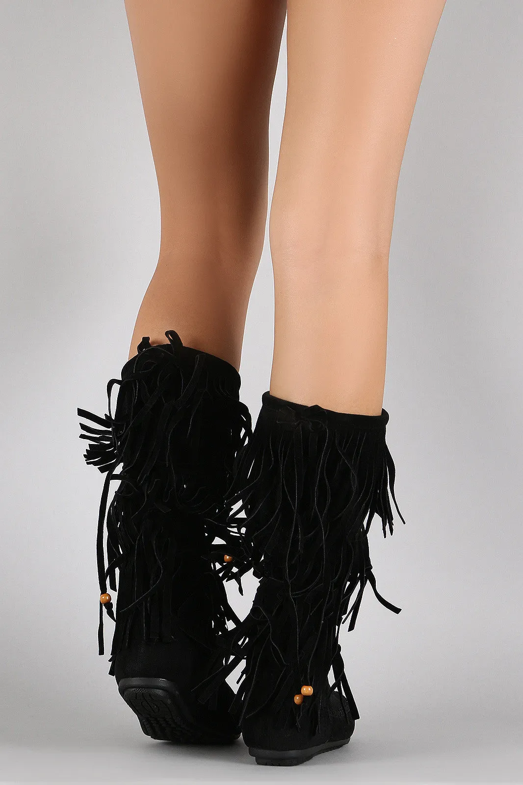 Bow Bead Fringe Moccasin Flat Boots