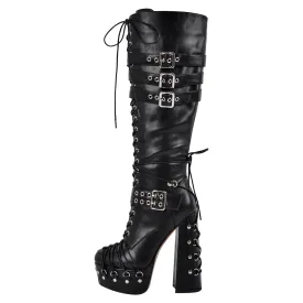 Buckle Lace-up Platform Knee High Boots