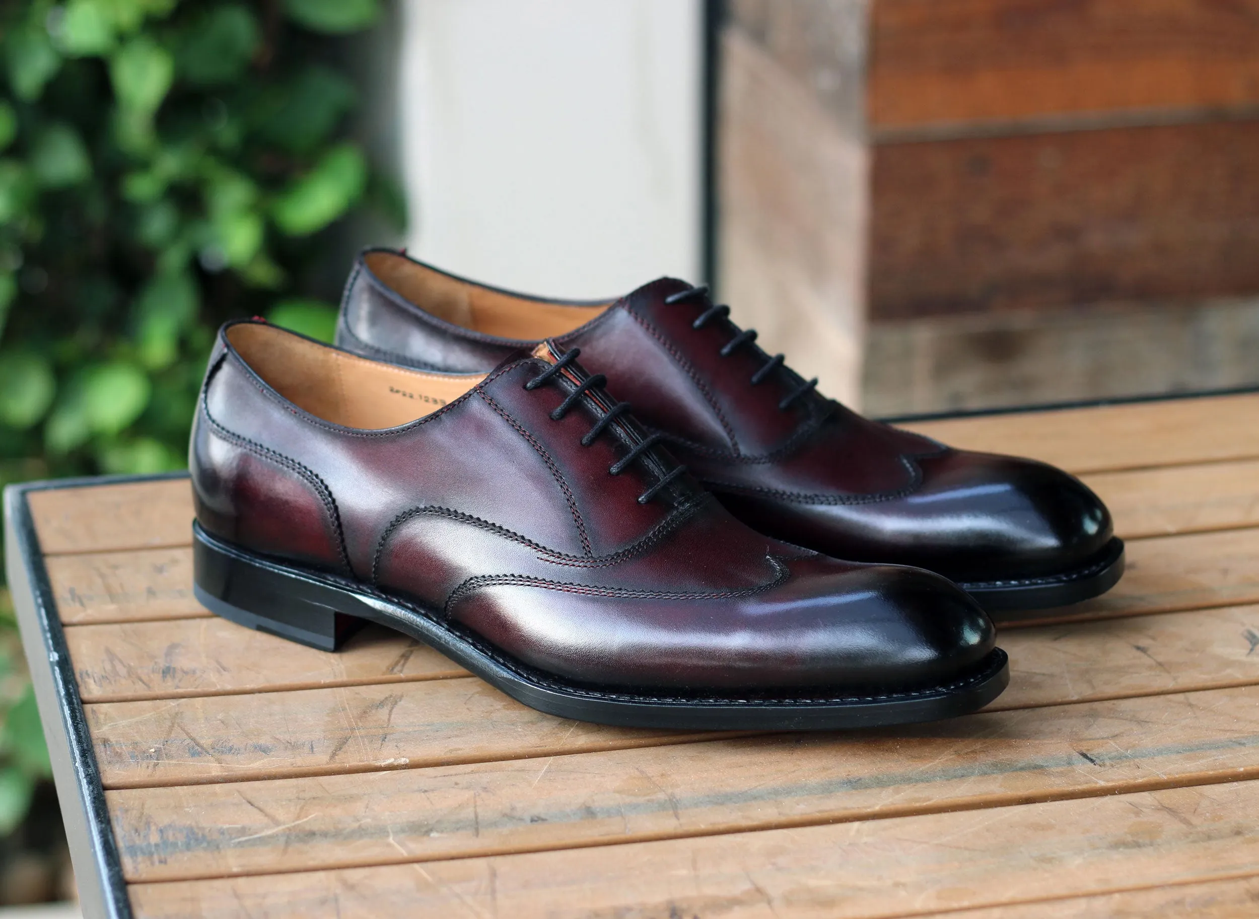 Burnished Calfskin "Wick" Lace-Up Wingtip Oxford Walnut