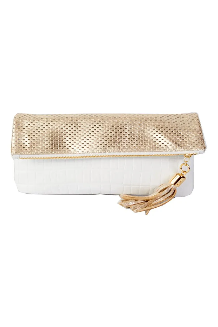 Cece White Embossed Croc Leather Reversible to Perforated Gold Leather Foldover Clutch