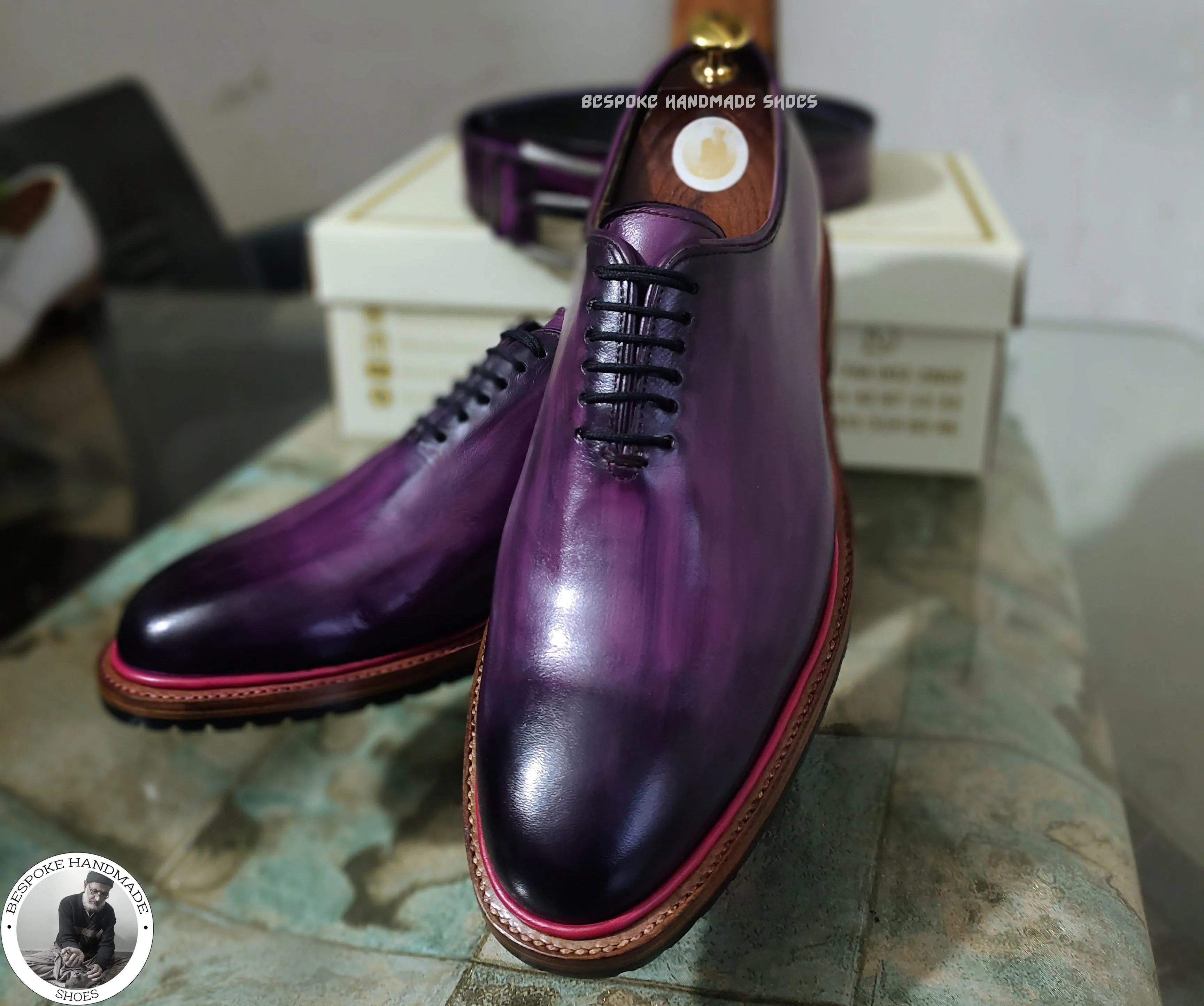 Custom Made Pure Handmade Purple Leather Black Shaded Lace Up Oxford Shoes For Men, Wholecut Shoes For Men's