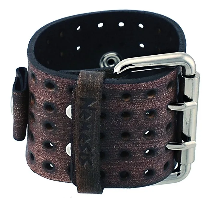 Double Perforated Distressed Brown Leather Wide Cuff VLH-B