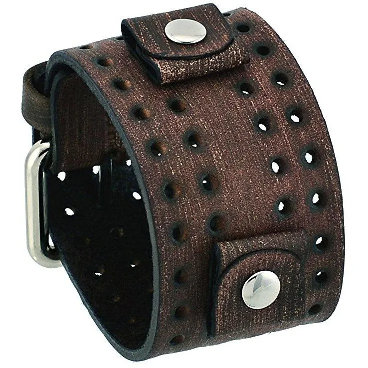 Double Perforated Distressed Brown Leather Wide Cuff VLH-B