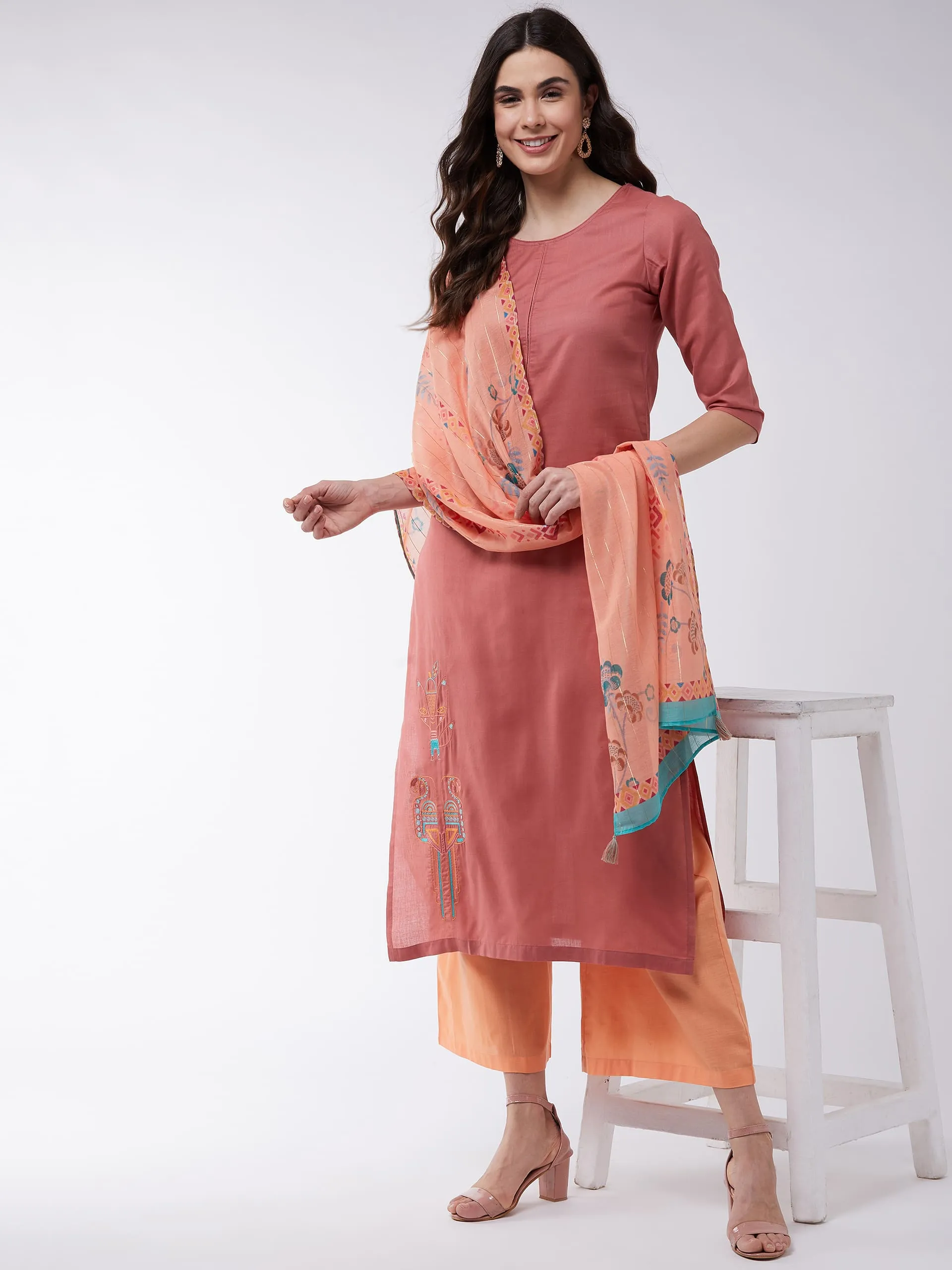 Dusty Pink Embroidered Kurta With Pants And Orange Digital Printed Dupatta