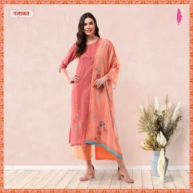 Dusty Pink Embroidered Kurta With Pants And Orange Digital Printed Dupatta