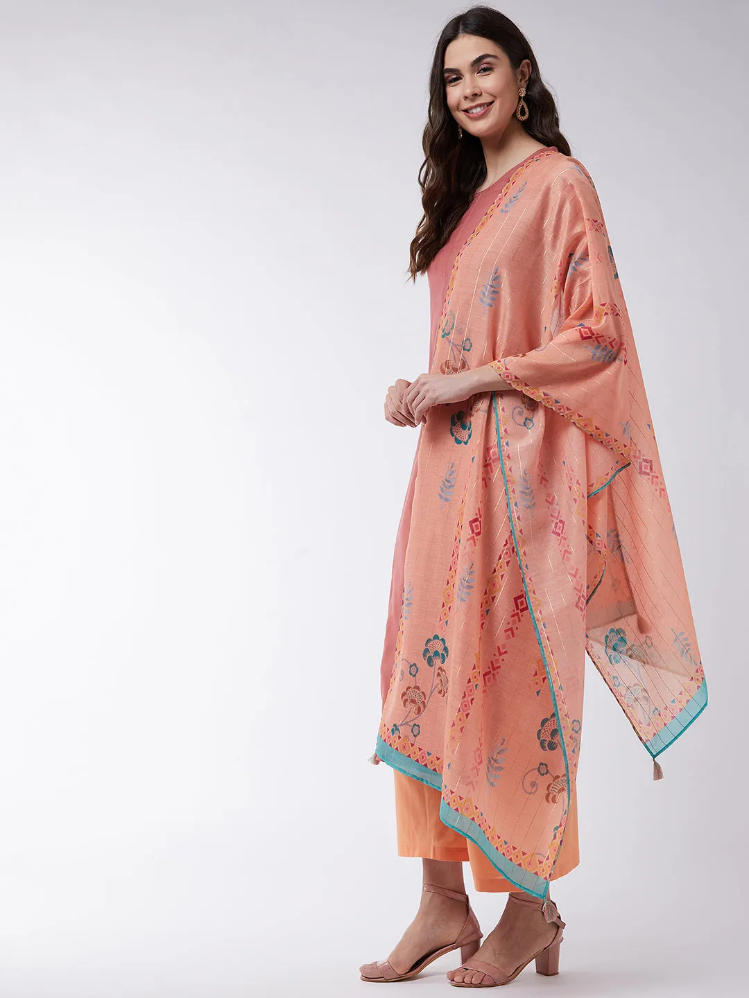 Dusty Pink Embroidered Kurta With Pants And Orange Digital Printed Dupatta