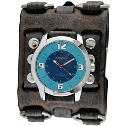 Embossed 3D Turquoise/Deep Blue Watch with Bullet Ring Distressed Dark Brown Leather Triple Strap Cuff