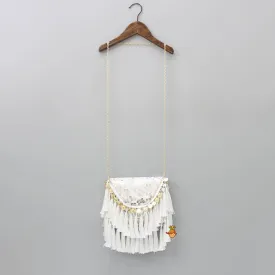 Embroidered Fringes Off White Sling Bag