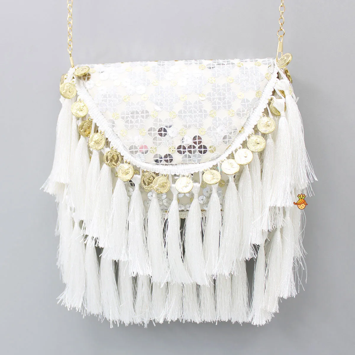 Embroidered Fringes Off White Sling Bag