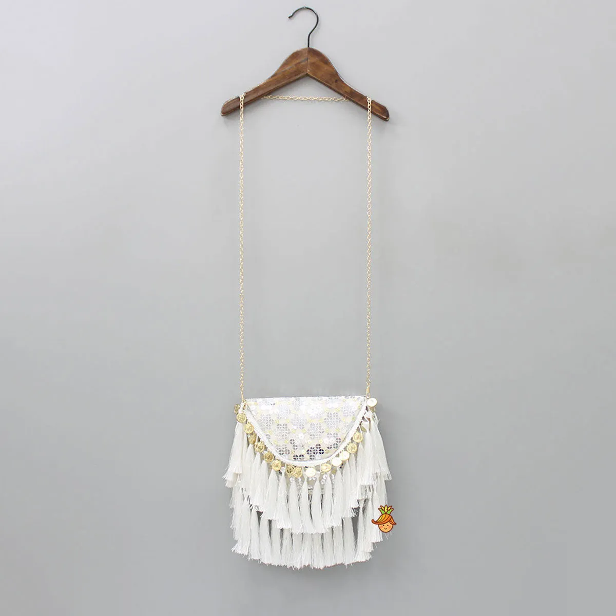 Embroidered Fringes Off White Sling Bag