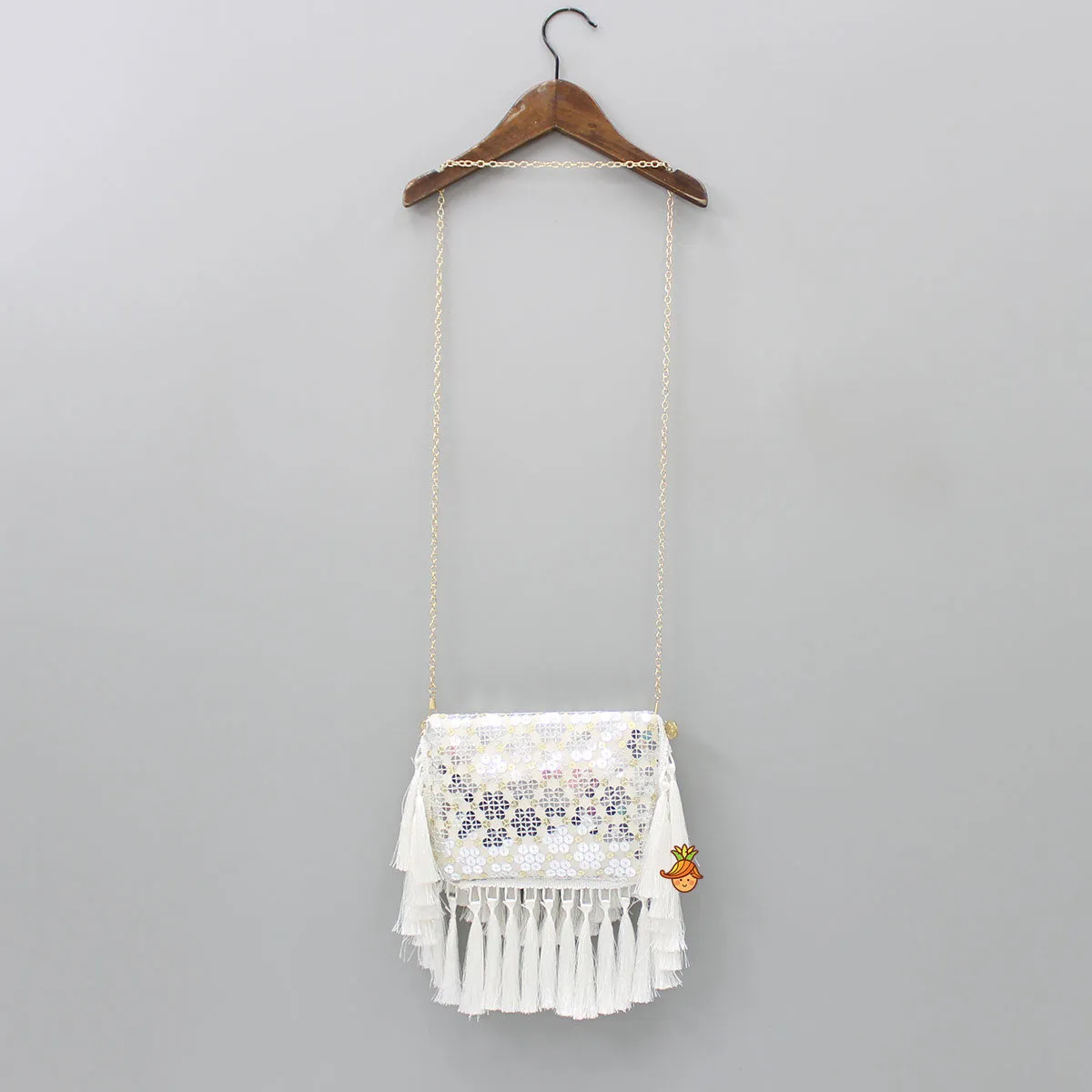 Embroidered Fringes Off White Sling Bag