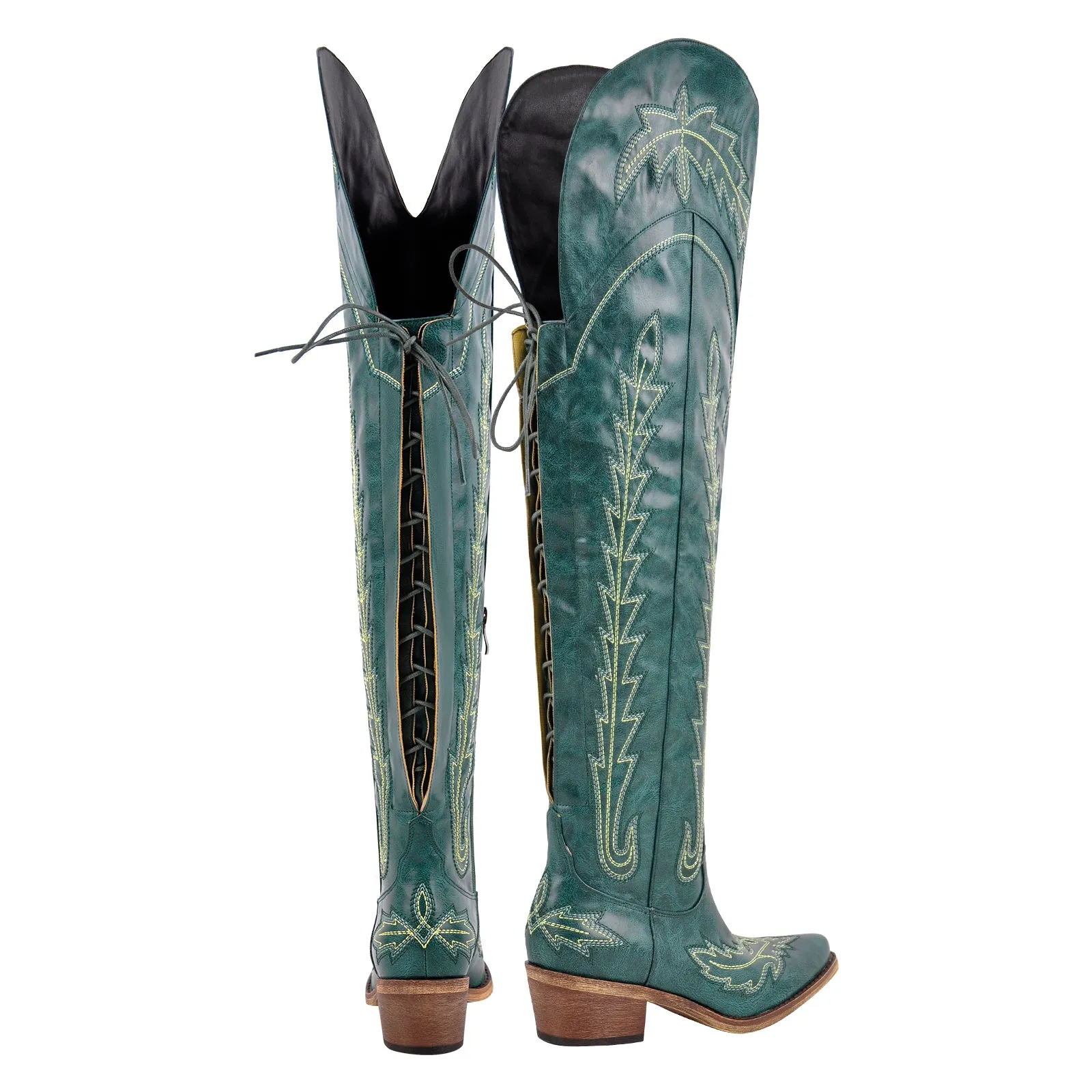 Embroidery Back Lace-up Over The Knee Western Boots