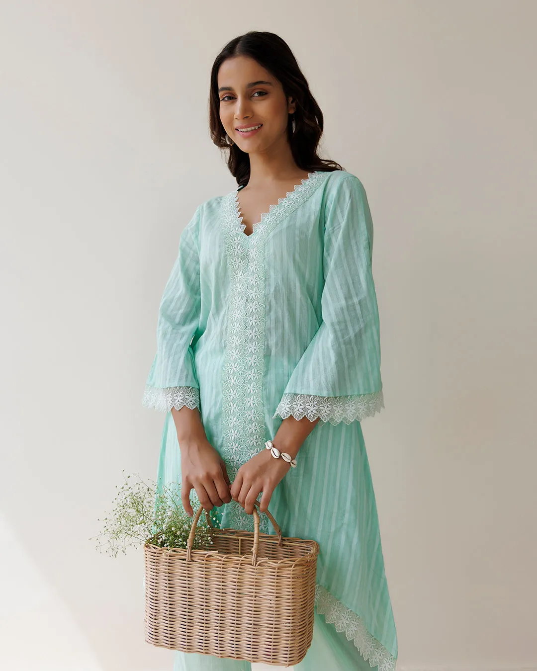 Ghazal Sea Green Lino Mul Up-down Lace Co-ord Set