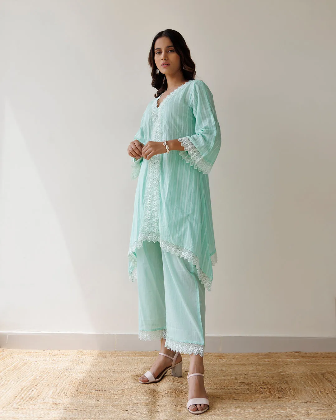 Ghazal Sea Green Lino Mul Up-down Lace Co-ord Set