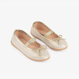 Gold leather perforated dots ballerina with elastic