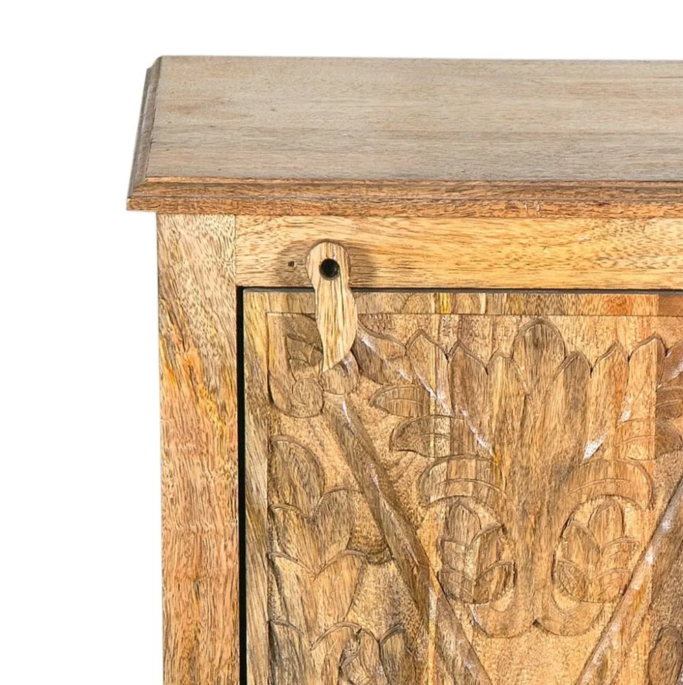 Hand Carved Wooden Single Door Cabinet in a Distressed Natural Grain