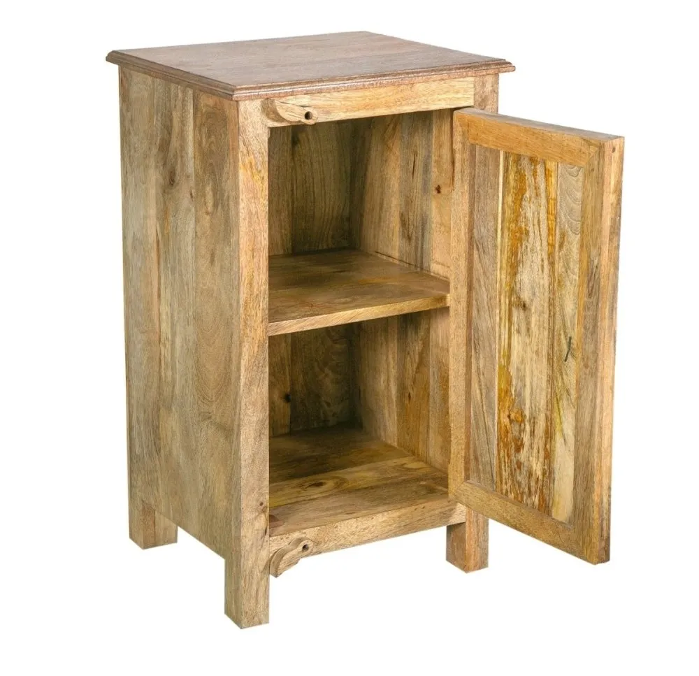 Hand Carved Wooden Single Door Cabinet in a Distressed Natural Grain