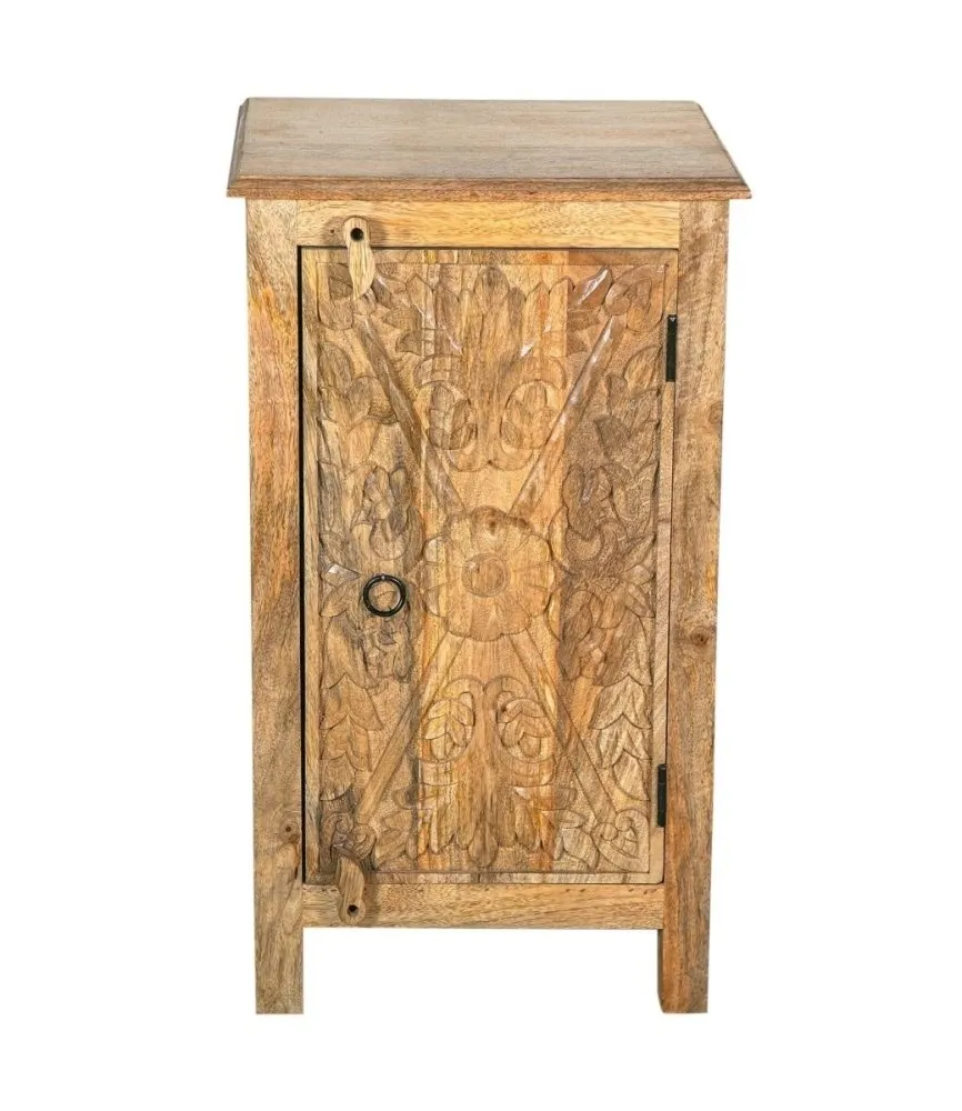 Hand Carved Wooden Single Door Cabinet in a Distressed Natural Grain