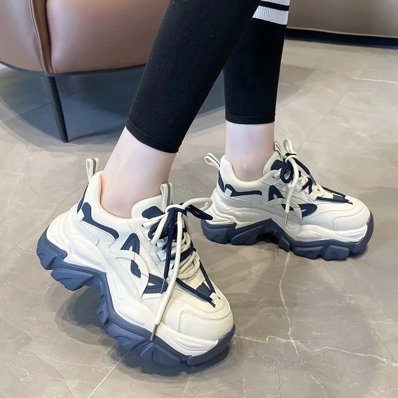 Hnzxzm New Spring Women's Chunky Platform Sneakers Lace Up Casual Sports Shoes Woman Fashion Thick Bottom Walking Shoes