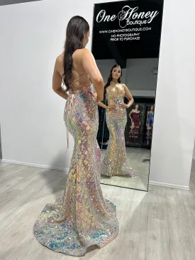 Honey Couture EMPRISS Opal Blush Sequin Mermaid Evening Gown Dress