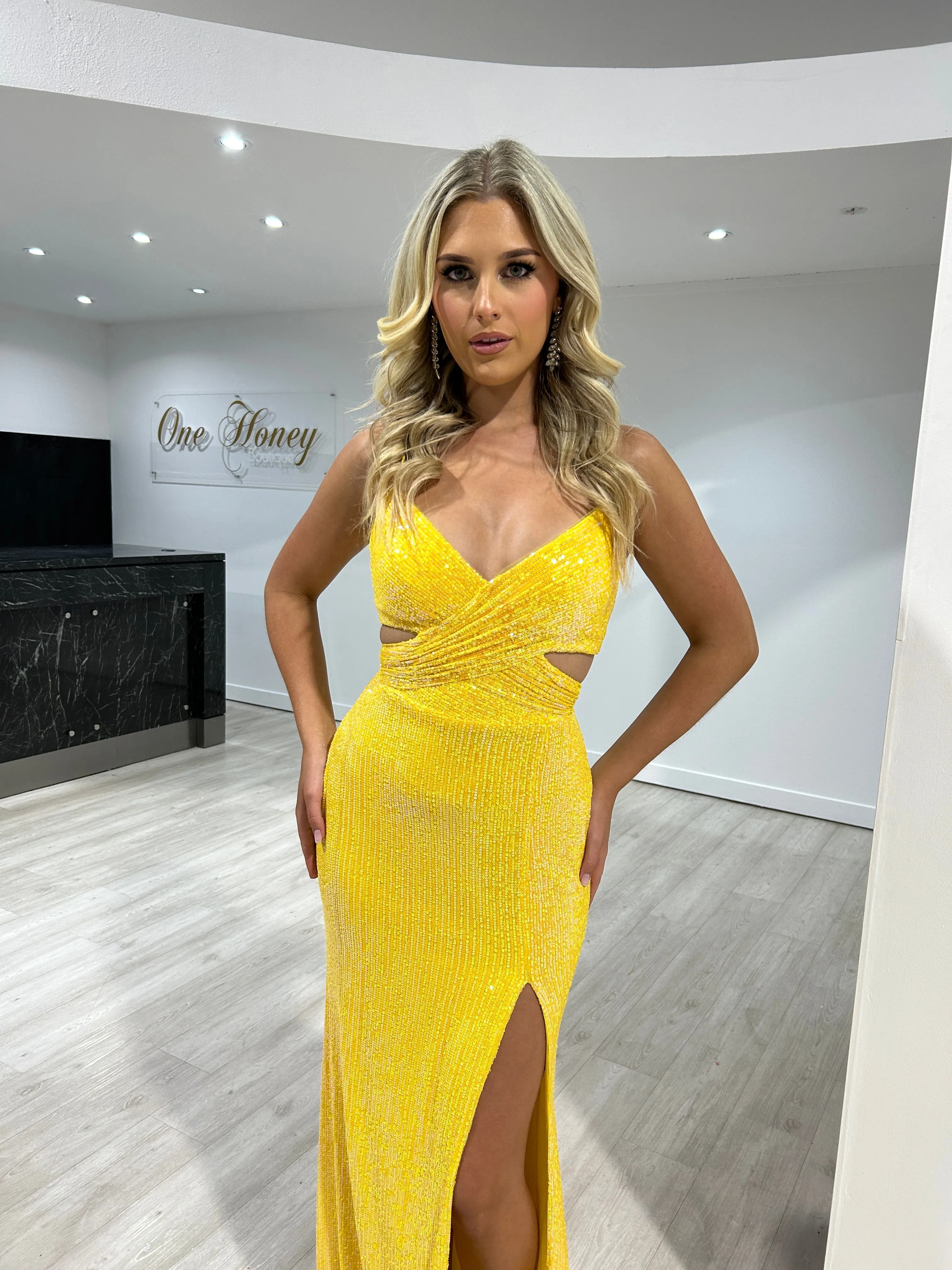 Honey Couture MONROE Yellow Sequin Waist Cut Out Mermaid Formal Dress