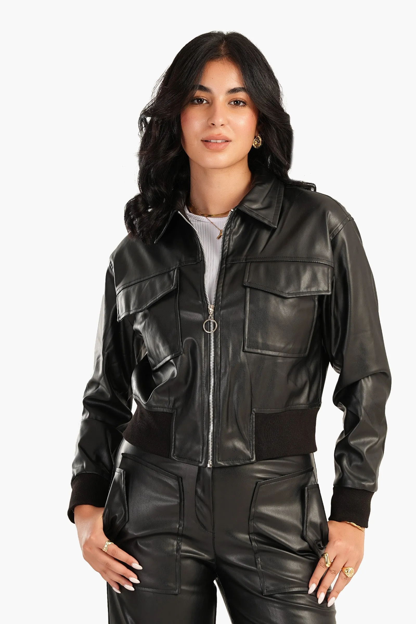 Leather Jacket with Elasic Hem