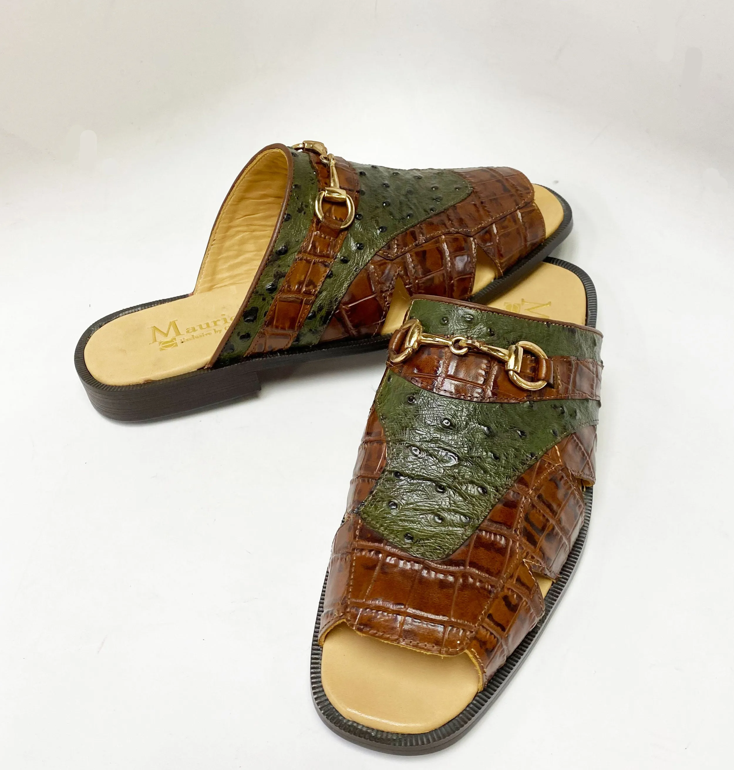 Maurice Embossed Calfskin Slip-On Sandal Brown/Olive