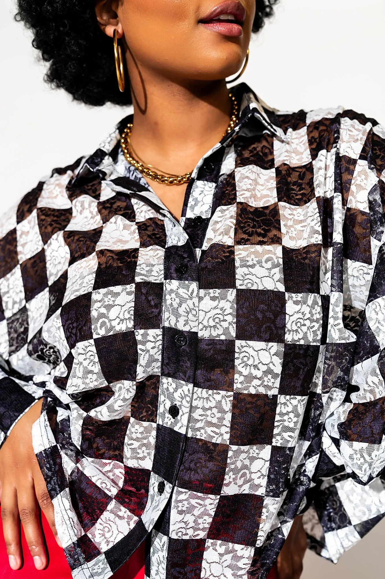 No Drama Checkerboard Lace Button Up