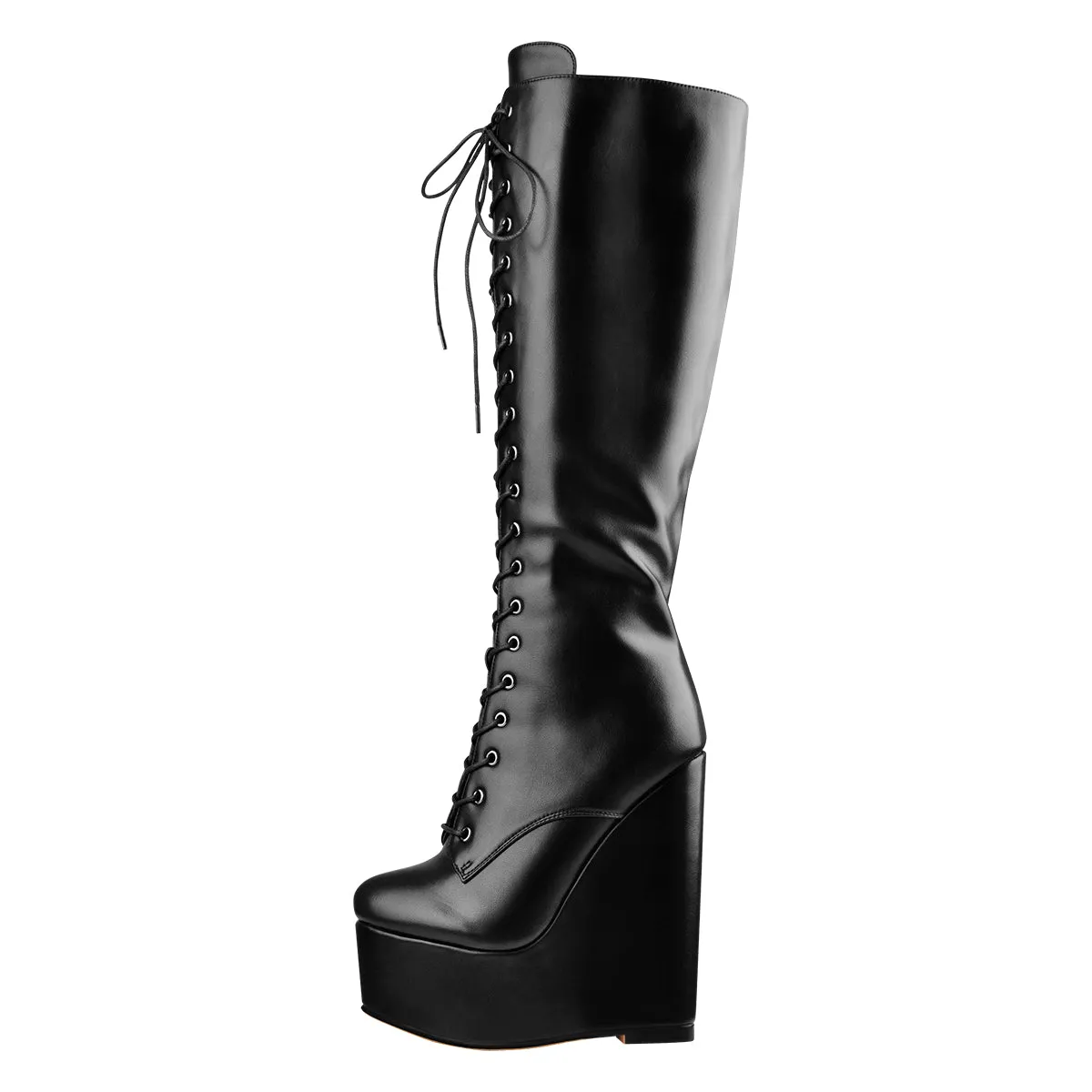 Round Toe Wedge Heel Lace Up Zip Knee High Boots