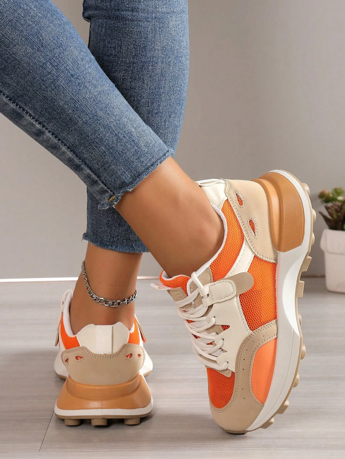 Sporty Sneakers For Women, Colorblock Lace-up Front Running Shoes