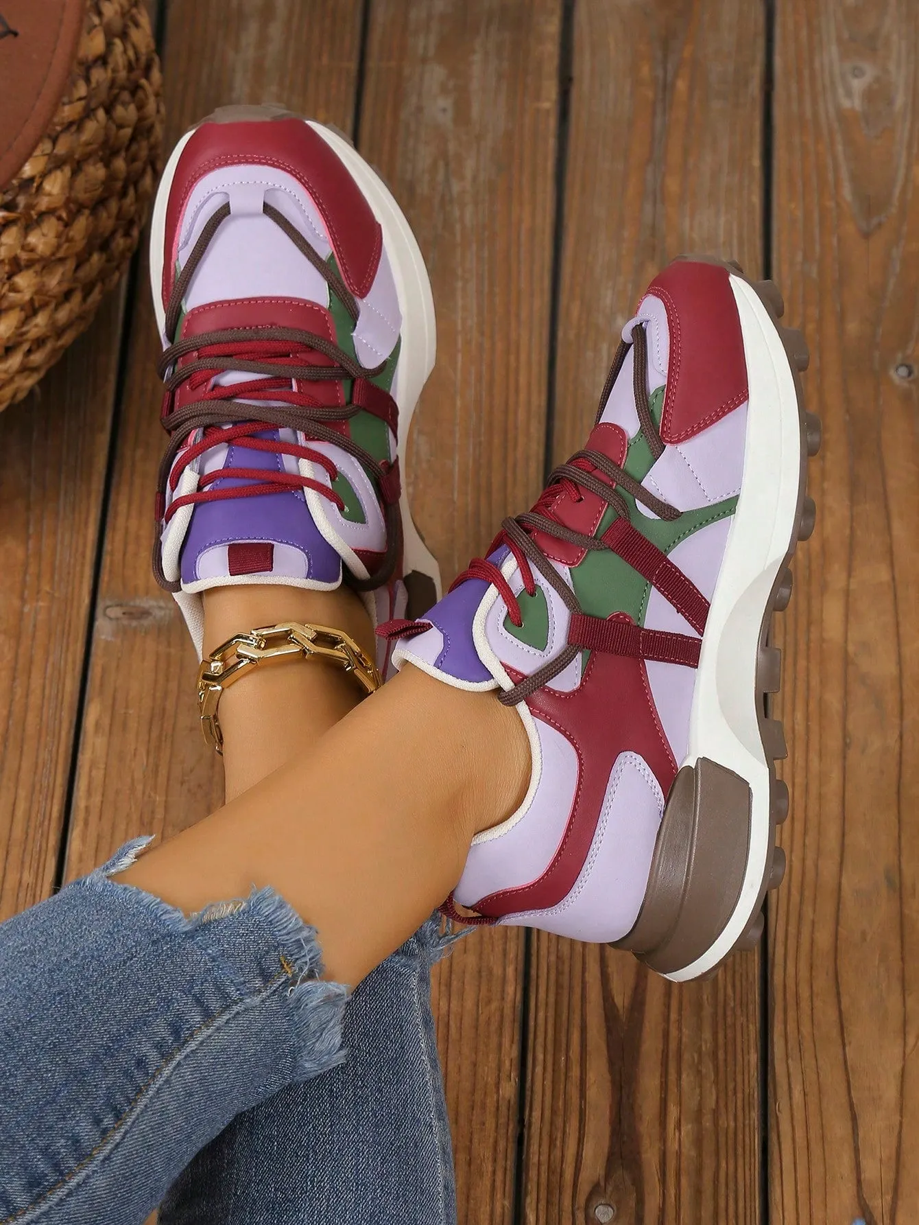 Sporty Sneakers For Women, Colorblock Lace-up Front Running Shoes