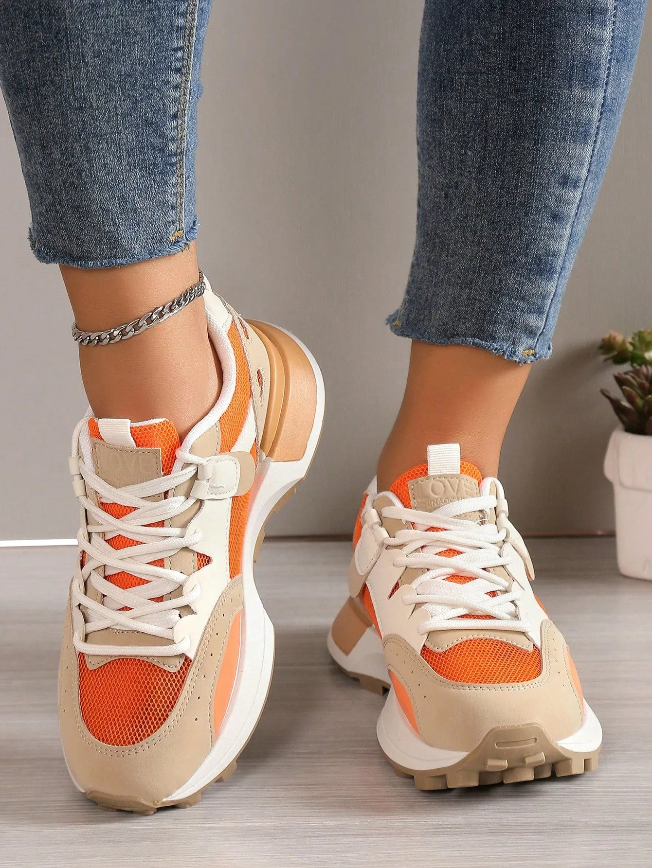 Sporty Sneakers For Women, Colorblock Lace-up Front Running Shoes